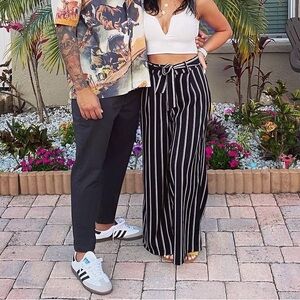 Zeagoo Wide Leg Striped Pants with Tie Belt Small